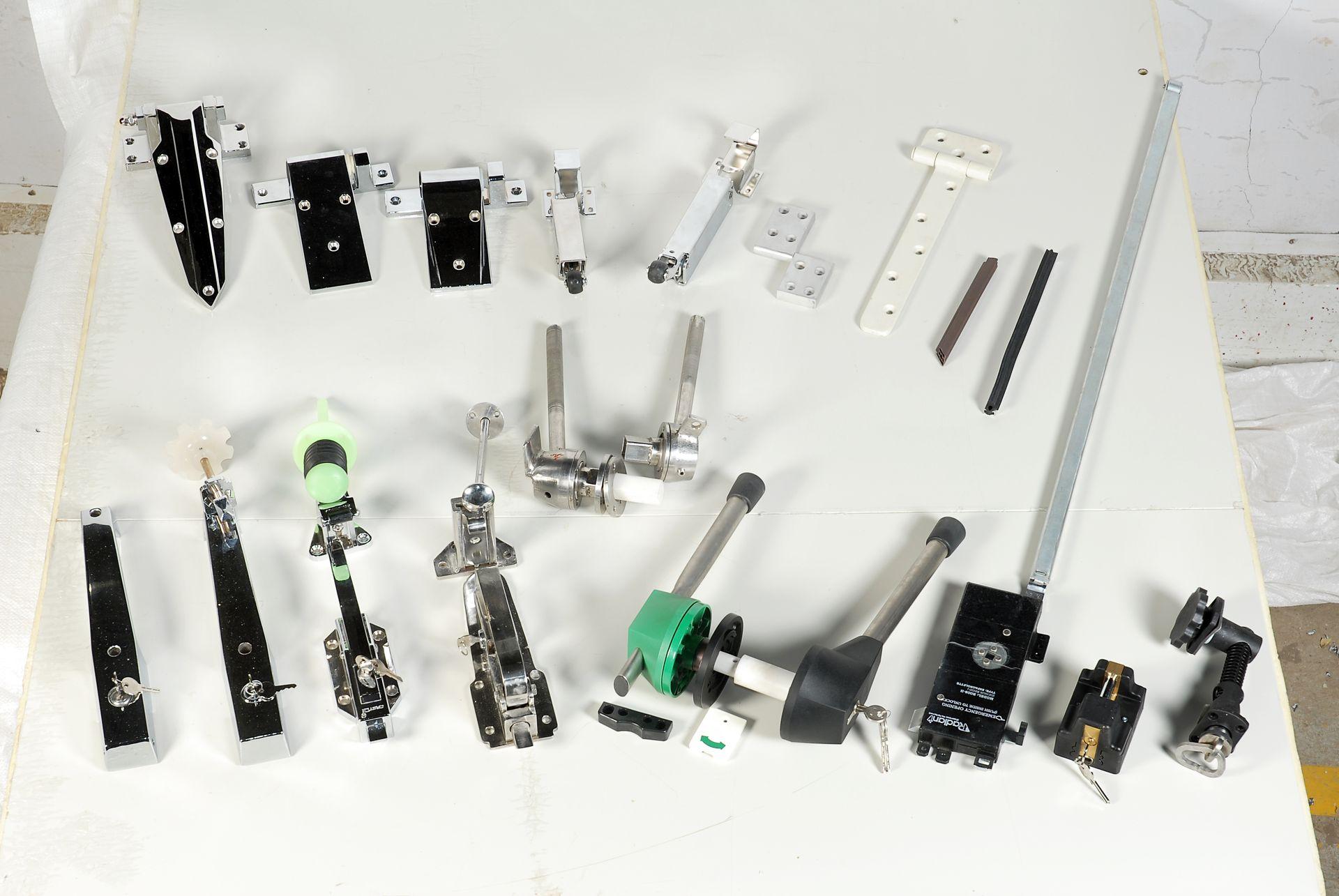 PUF Panel Door accessories - Hinges, door handle, latch assembly, door closer, magnet gasket, draft sealer, glass view window, strip curtain